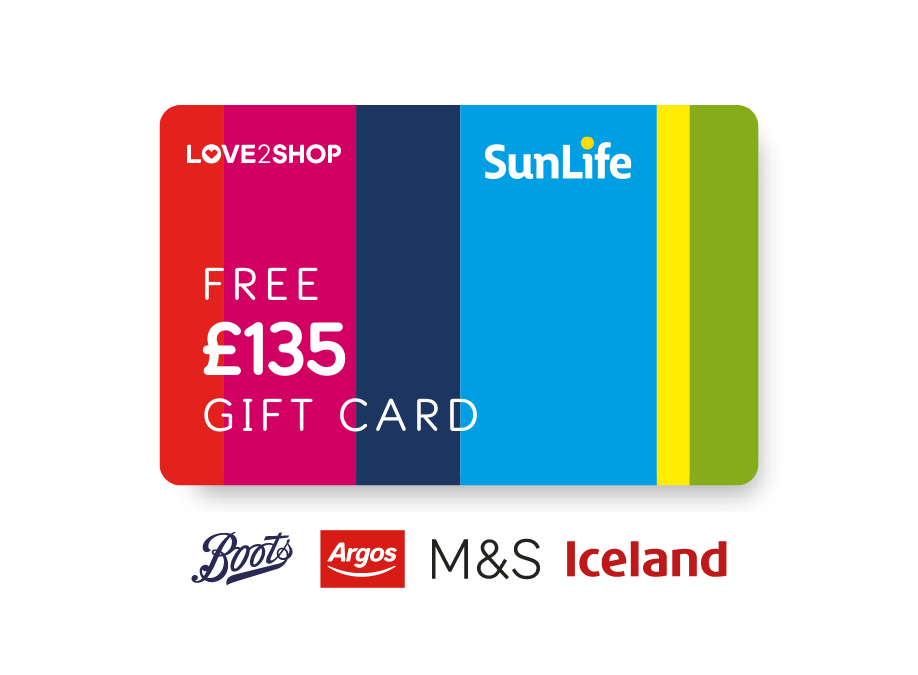 Free £135 gift card. Boots, Argos, M&S and Iceland logos
